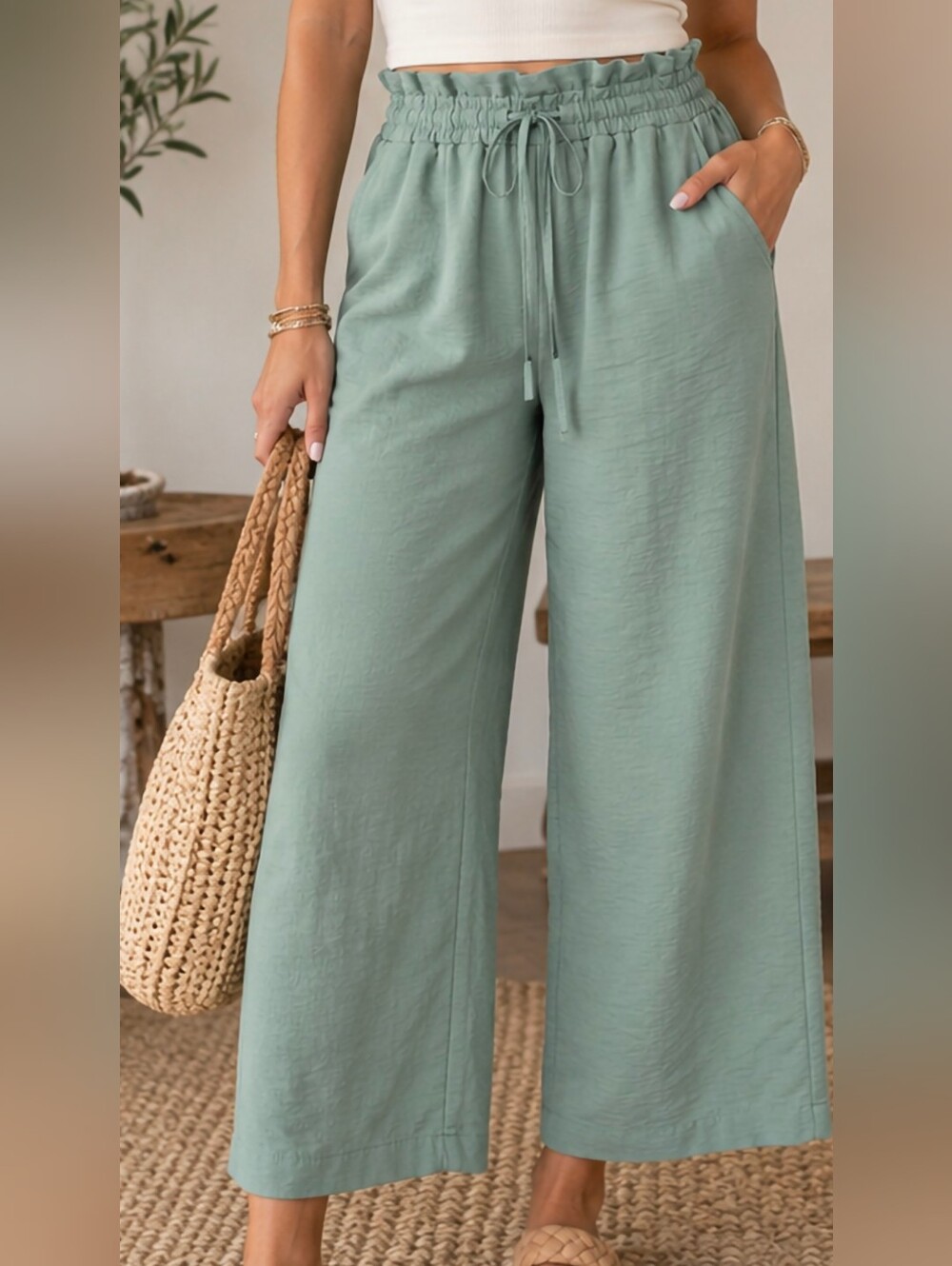 Anyhold Minty Green Wide Leg Pull-On Pants Medium NWT Paperbag Waist